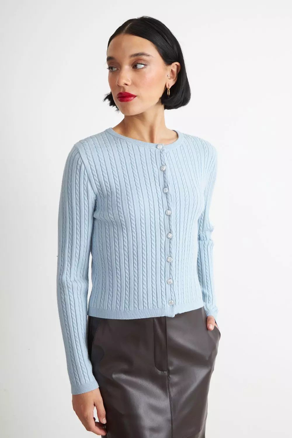 Cárdigan Trenzado Cuello Redondo Celeste Nicopoly-2