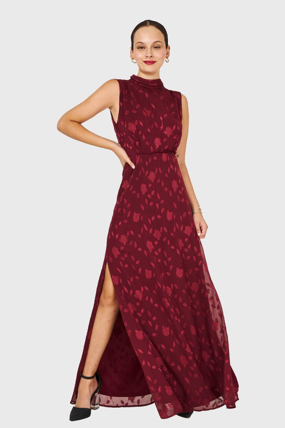 Vestido Largo Cuello Mock Burdeo Nicopoly-1
