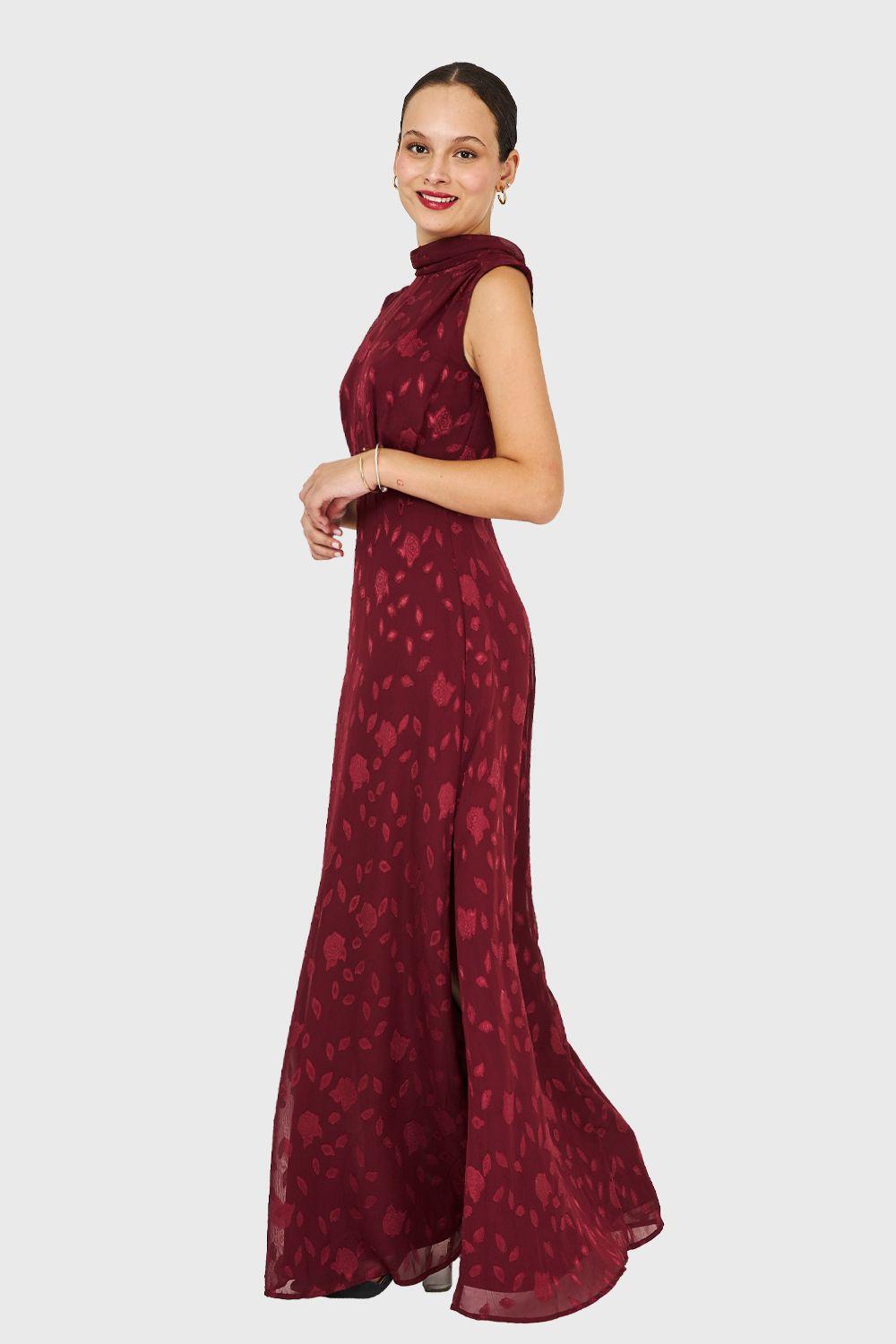 Vestido Largo Cuello Mock Burdeo Nicopoly-2