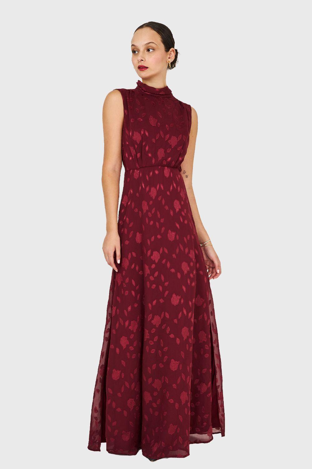Vestido Largo Cuello Mock Burdeo Nicopoly-4