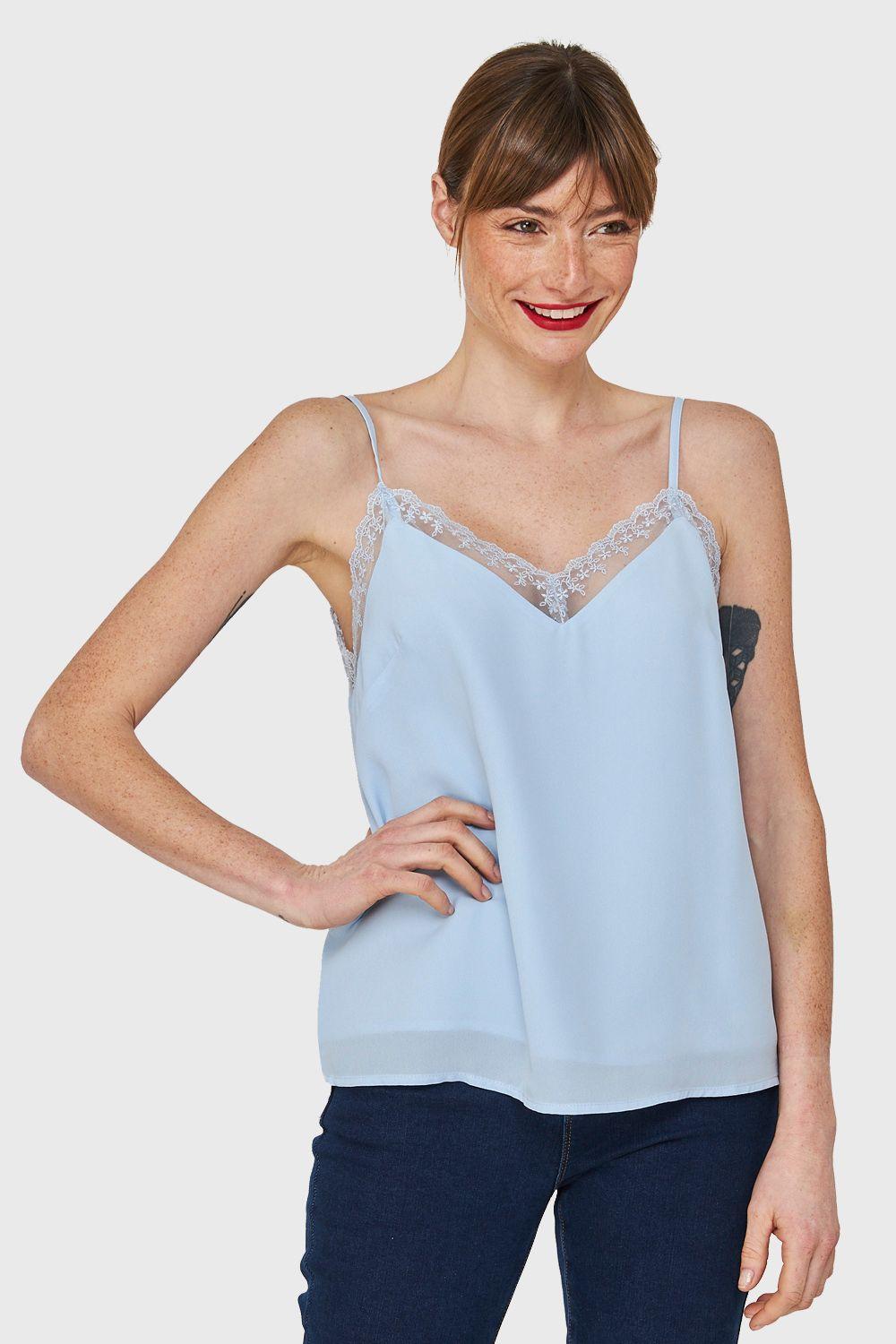 Blusa Escote V Encaje Celeste Nicopoly-0