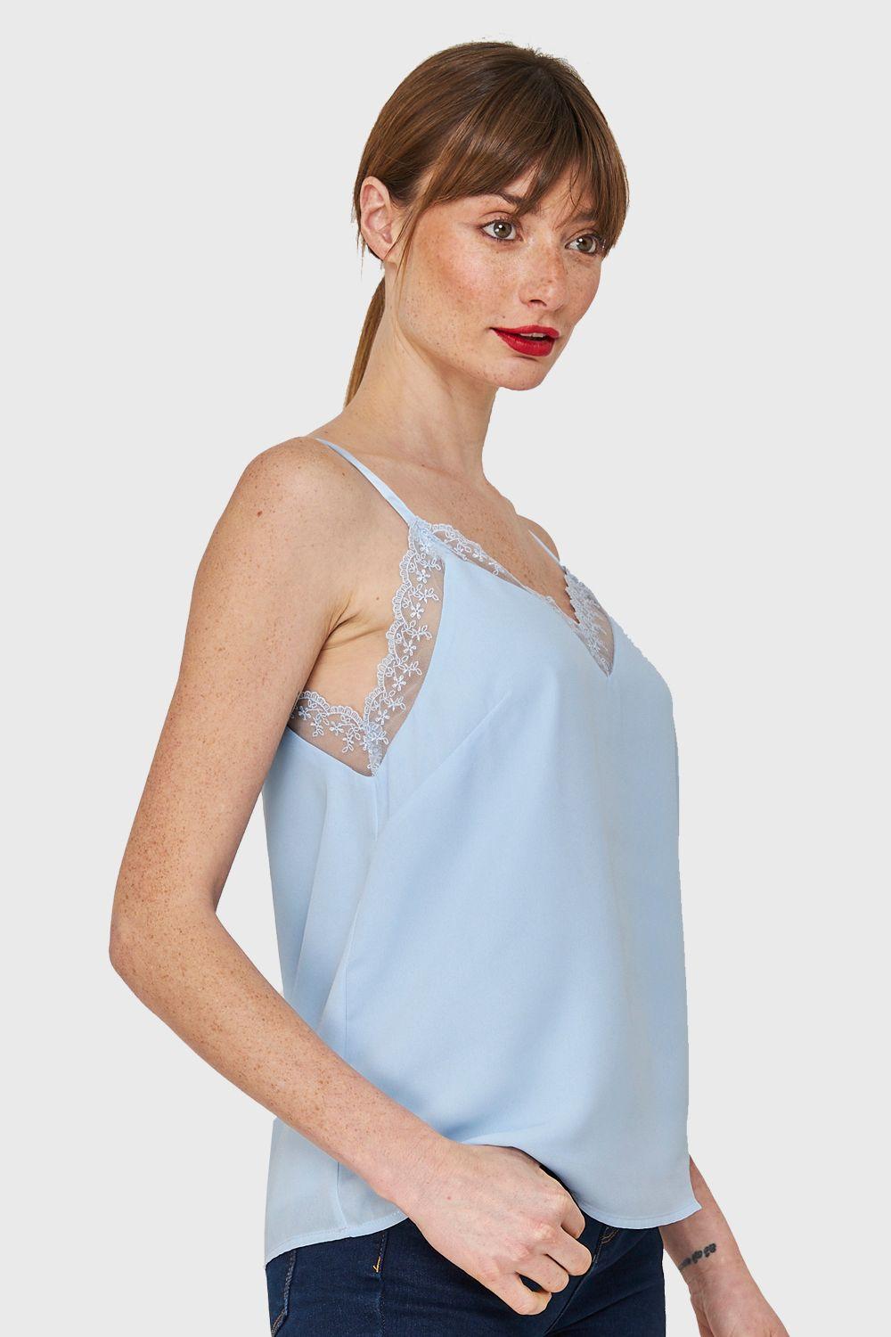 Blusa Escote V Encaje Celeste Nicopoly-2