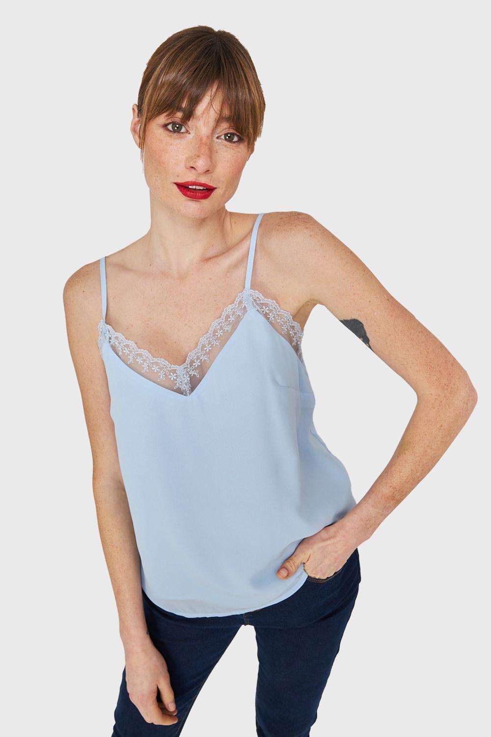 Blusa Escote V Encaje Celeste Nicopoly-4