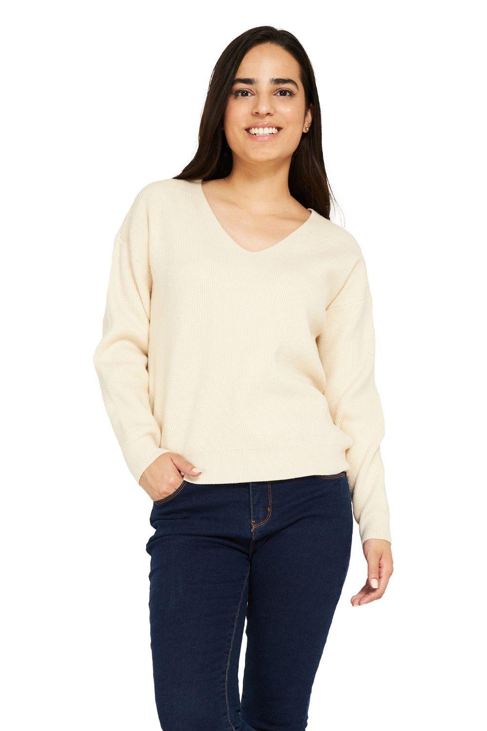 Sweater Cuello V Crema Nicopoly-1