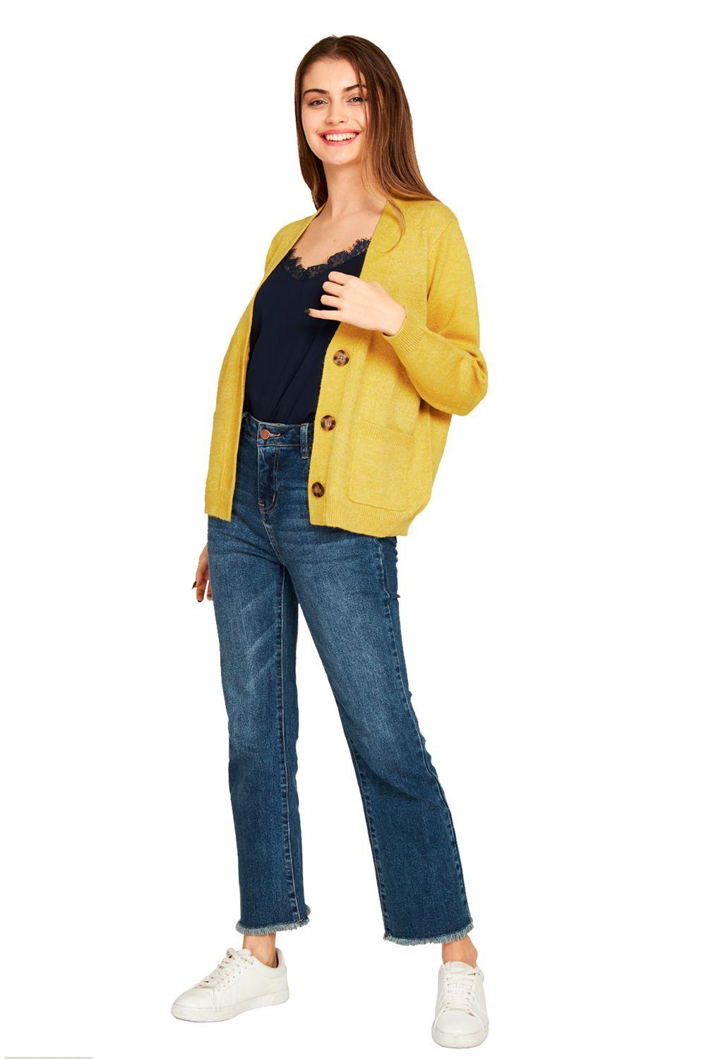 Cárdigan Botones Y Bolsillos Amarillo Nicopoly-1