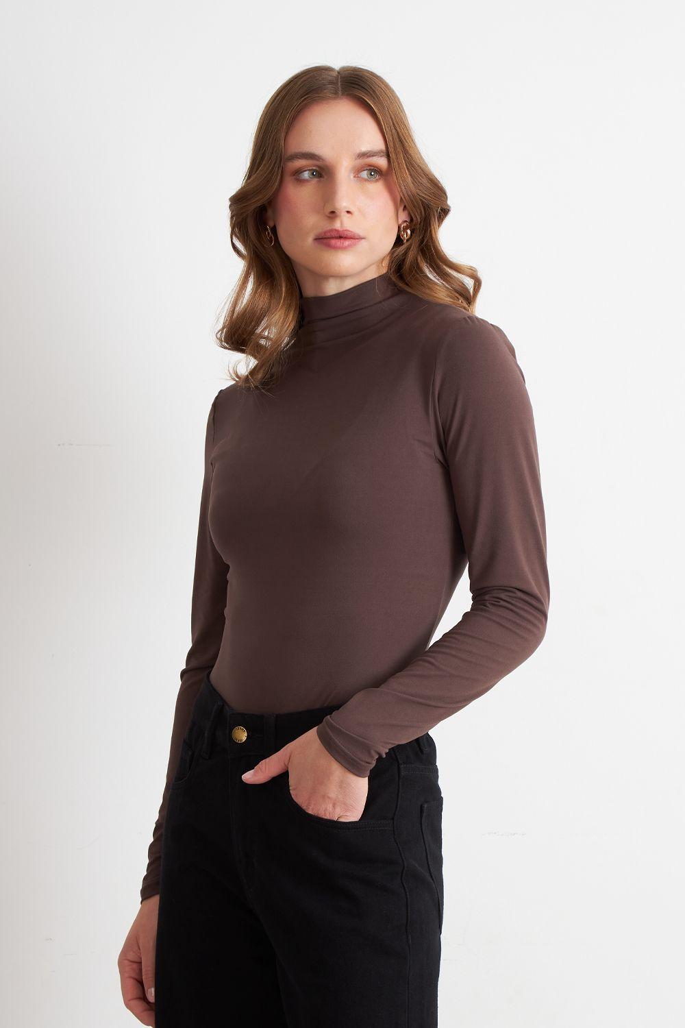 Polera Manga Larga Cuello Alto Café	 Nicopoly-2