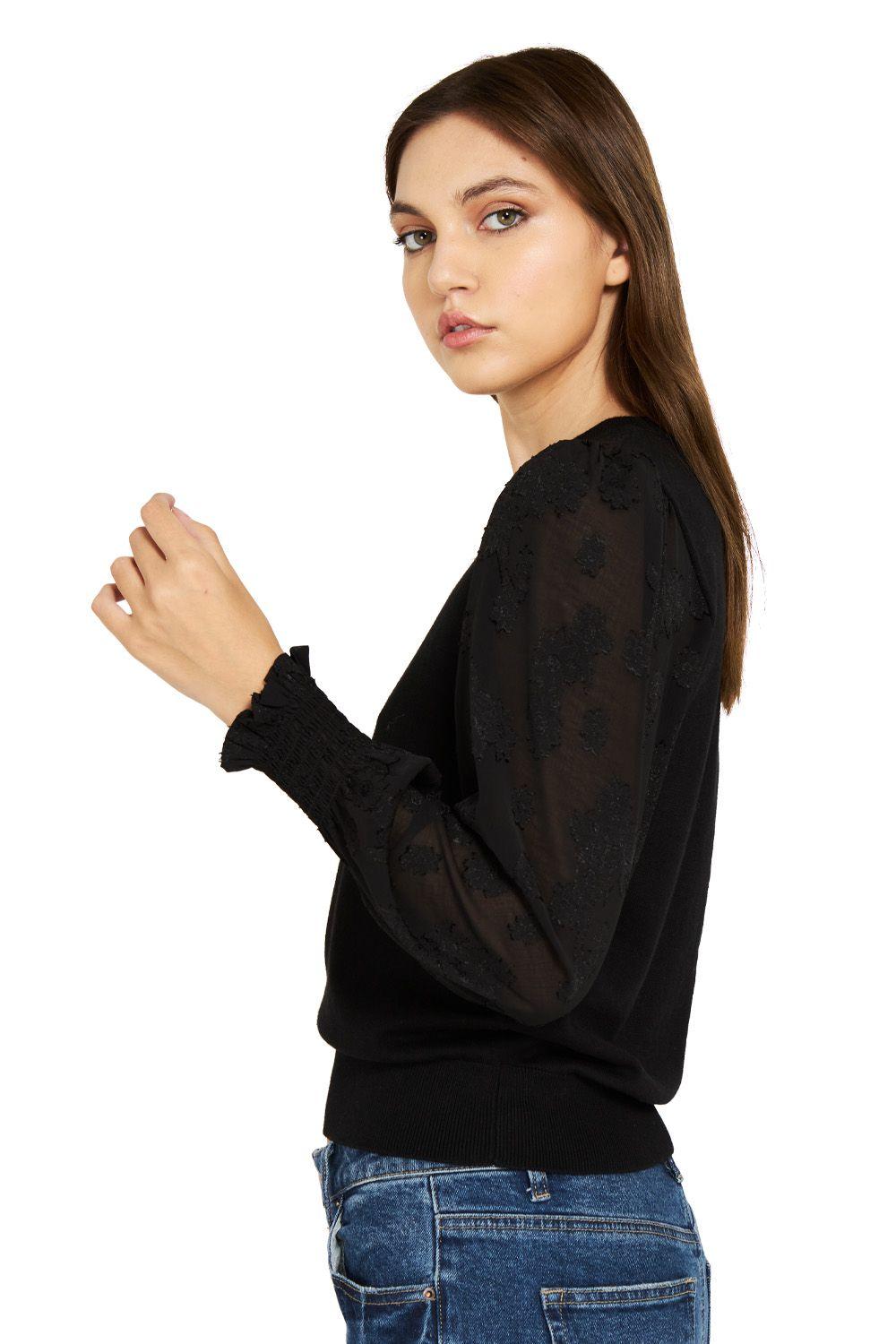 Sweater Manga Floral Negro Nicopoly-2
