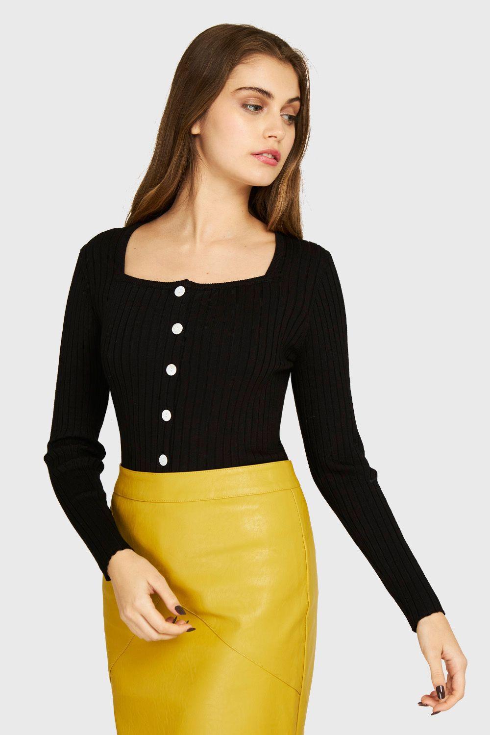 Tejido Acanalado Botones Negro Nicopoly-0