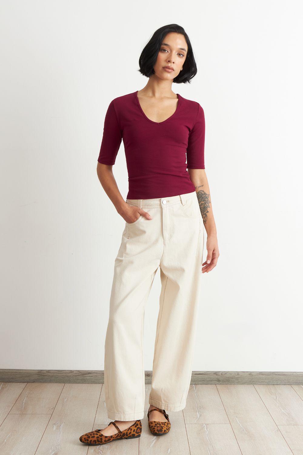 Polera Manga Corta Cuello Tipo U Burdeo Nicopoly-1