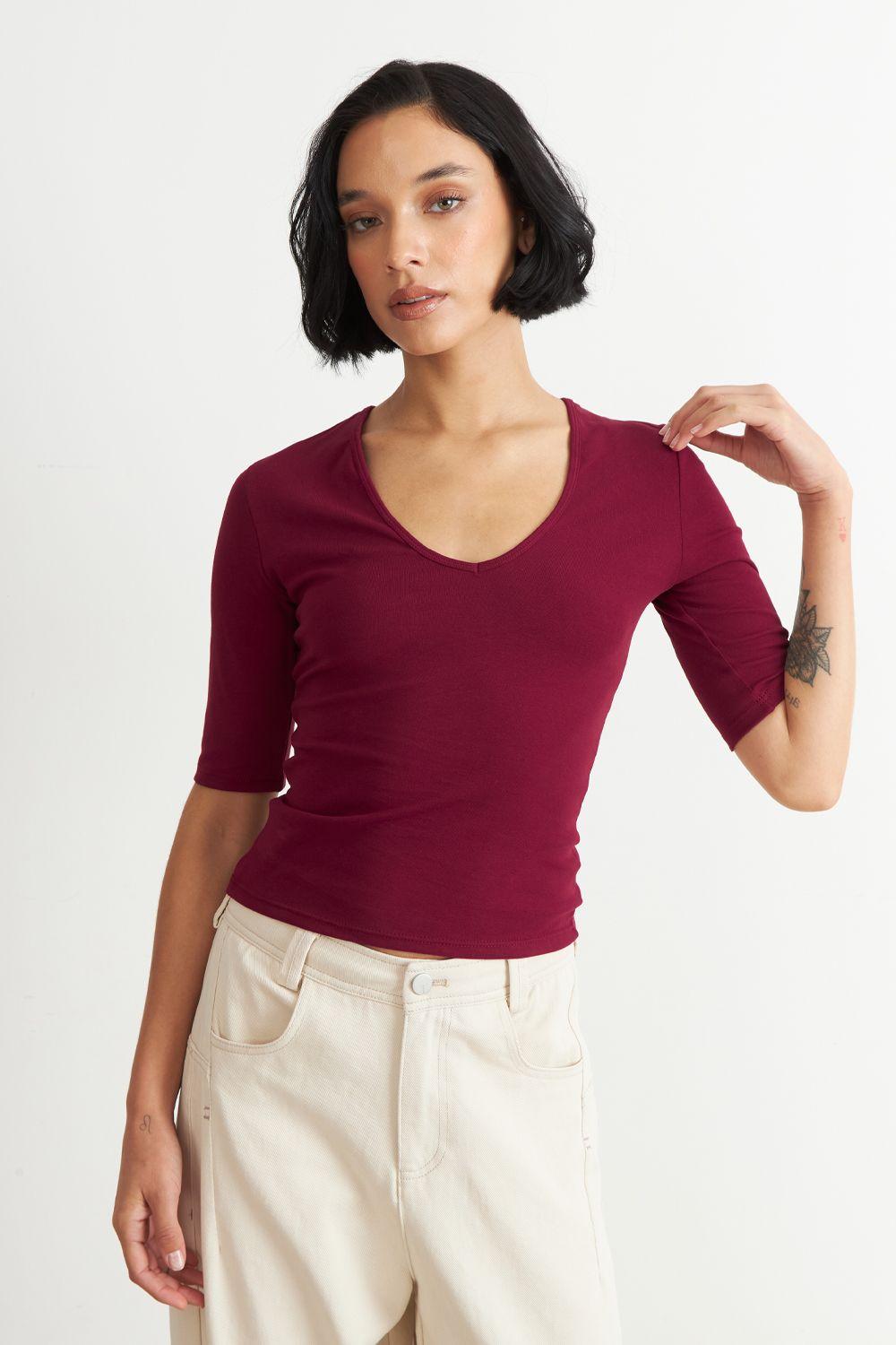 Polera Manga Corta Cuello Tipo U Burdeo Nicopoly-4