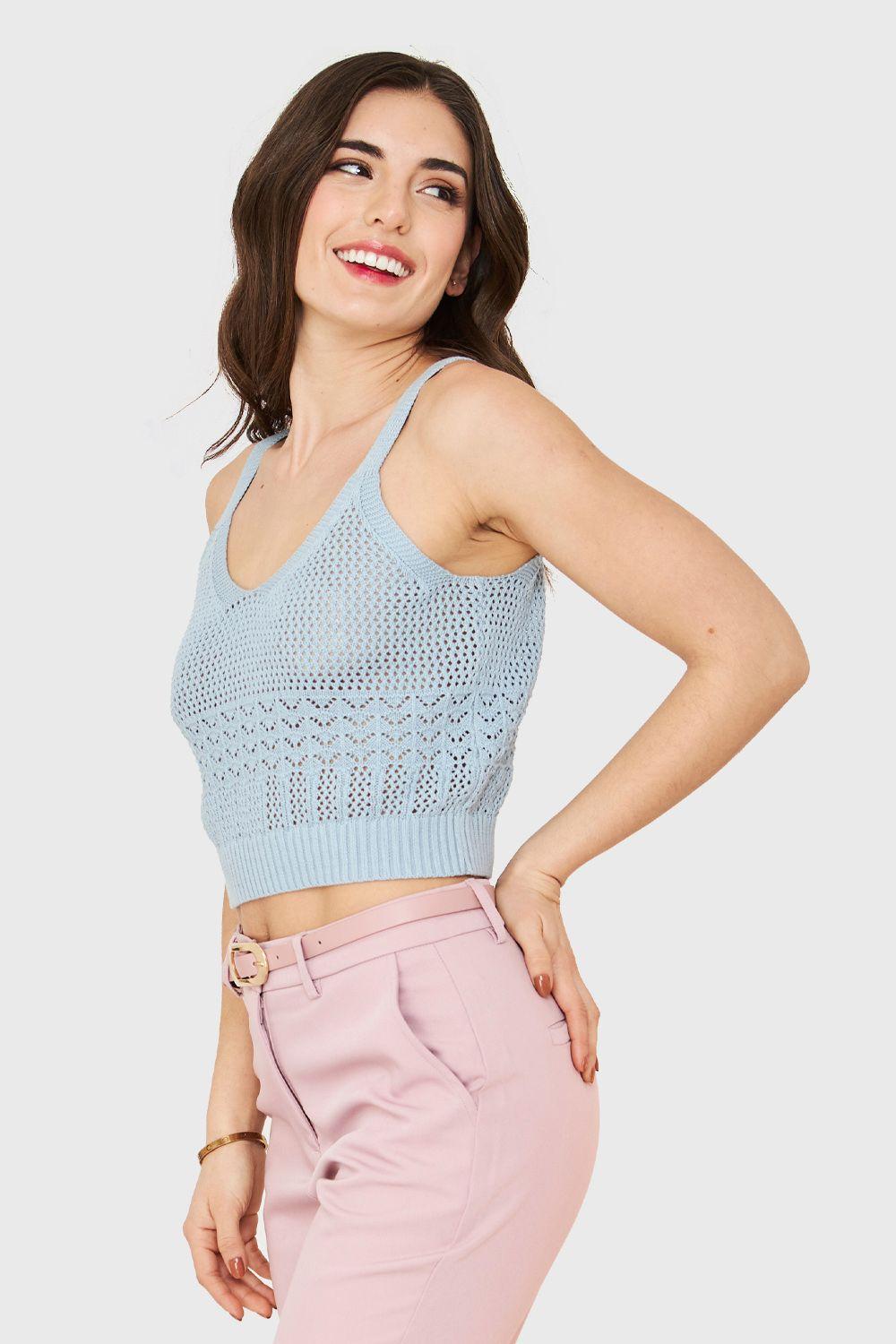 Crop Top Tipo Tejido Celeste Nicopoly-2