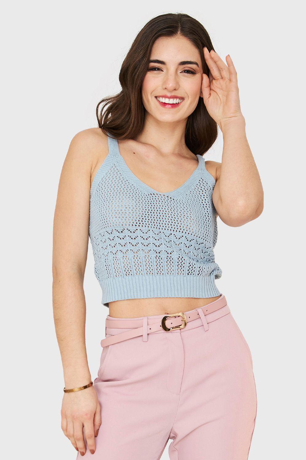 Crop Top Tipo Tejido Celeste Nicopoly-4