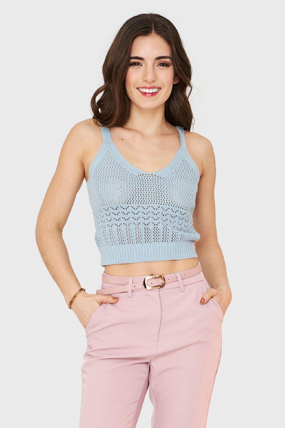 Crop Top Tipo Tejido Celeste Nicopoly-0