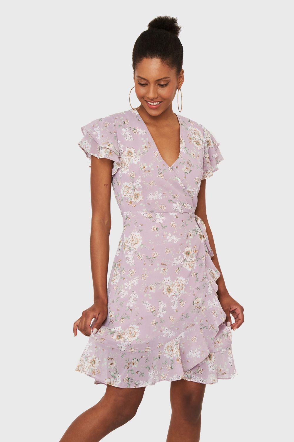 Vestido Corto Envolvente Floral Lila Nicopoly-0