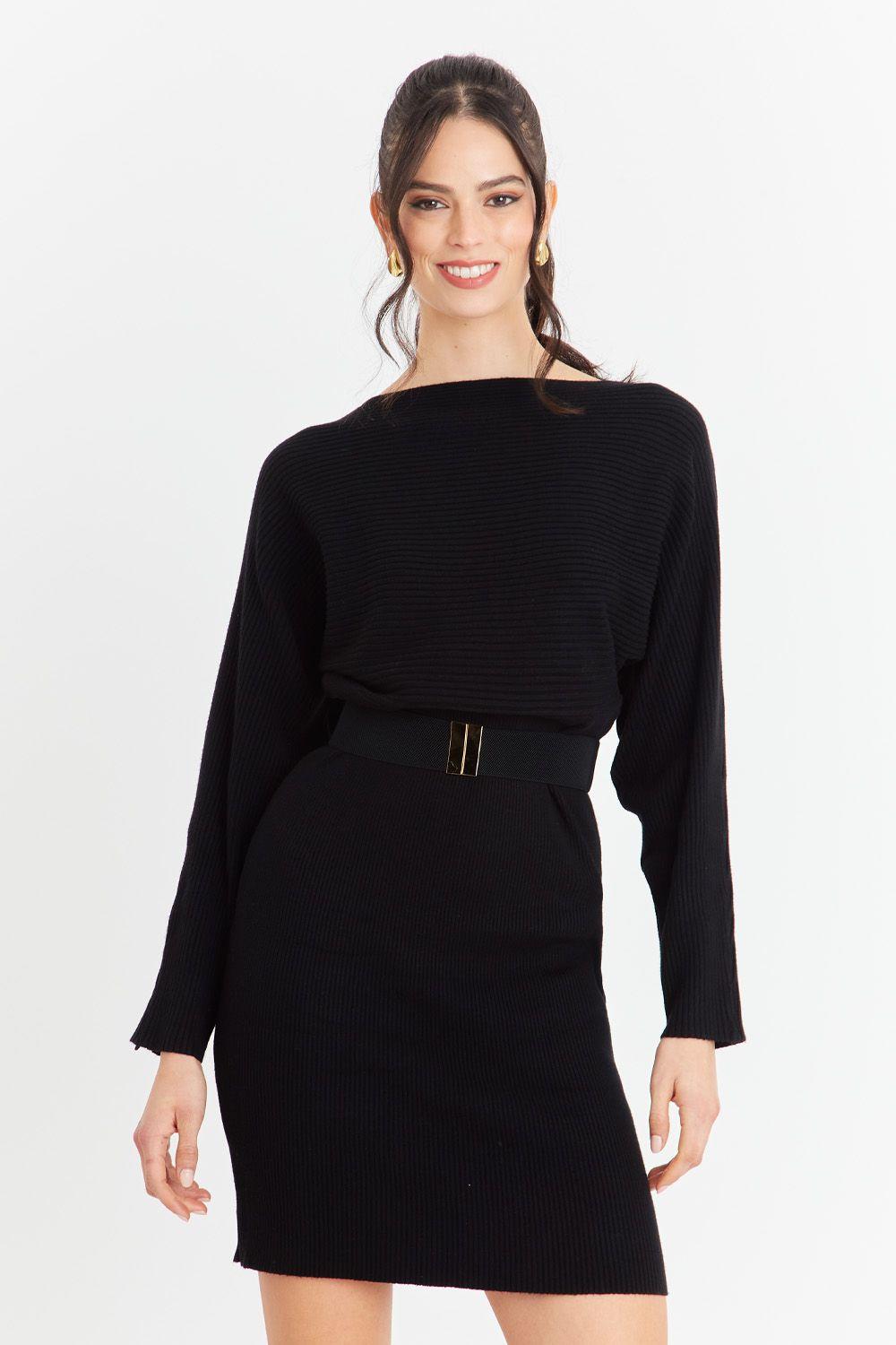 Vestido Acanalado con Cinturón Negro-4