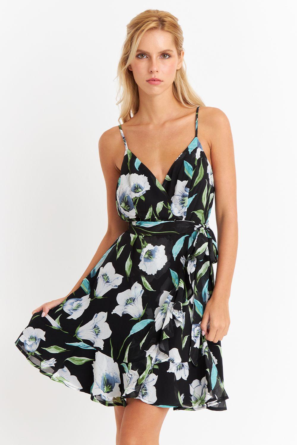 Vestido Corto Floral con Vuelos Cruzados Blanco Nicopoly-4