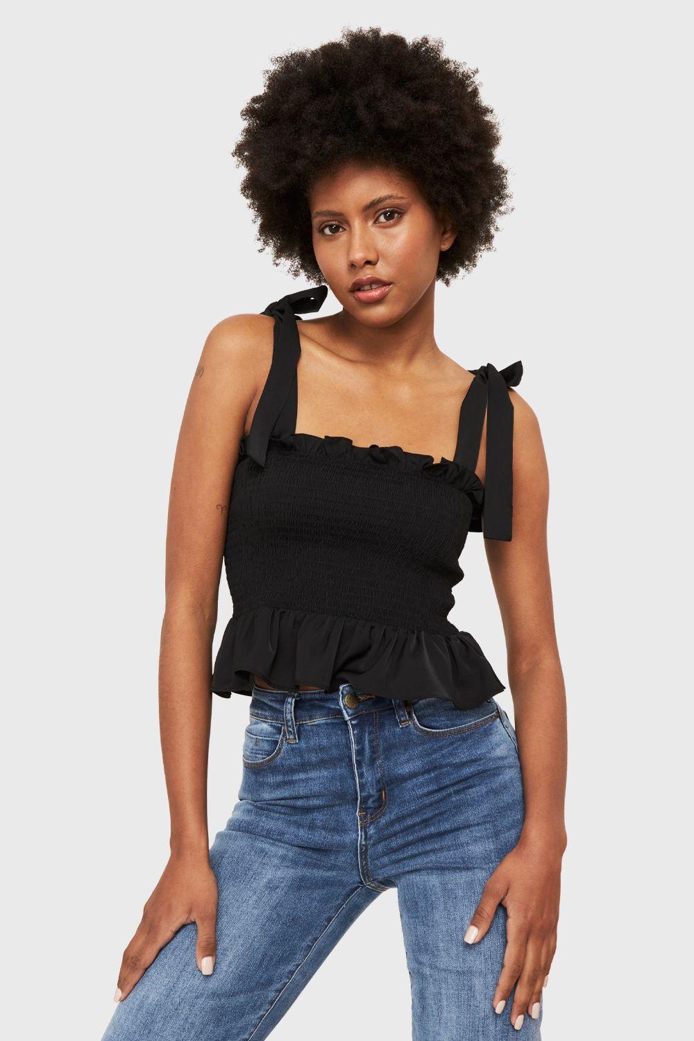 Crop Top Fruncido Negro Nicopoly-0