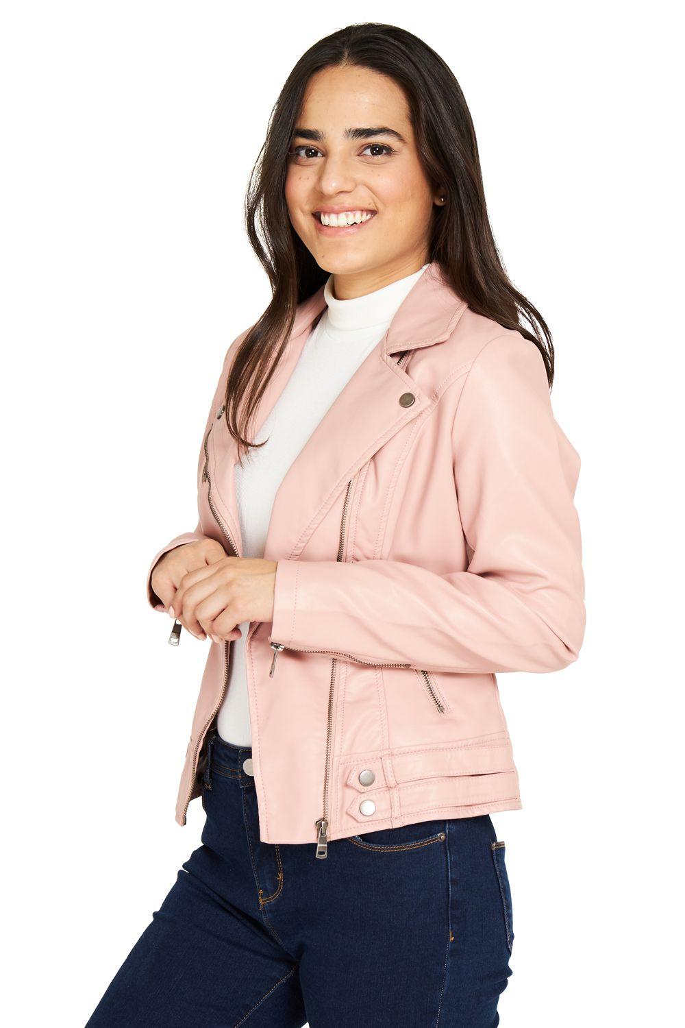 Chaqueta Ecocuero Estilo Biker Rosado Nicopoly-2
