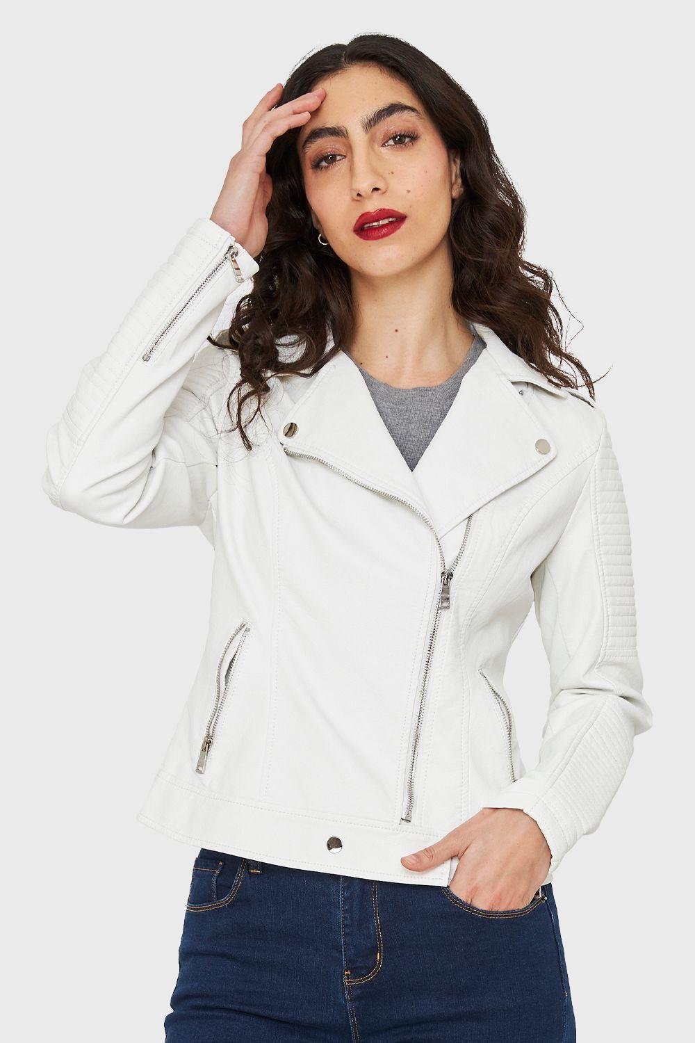 Chaqueta Tipo Biker Ecocuero Blanco Nicopoly-4