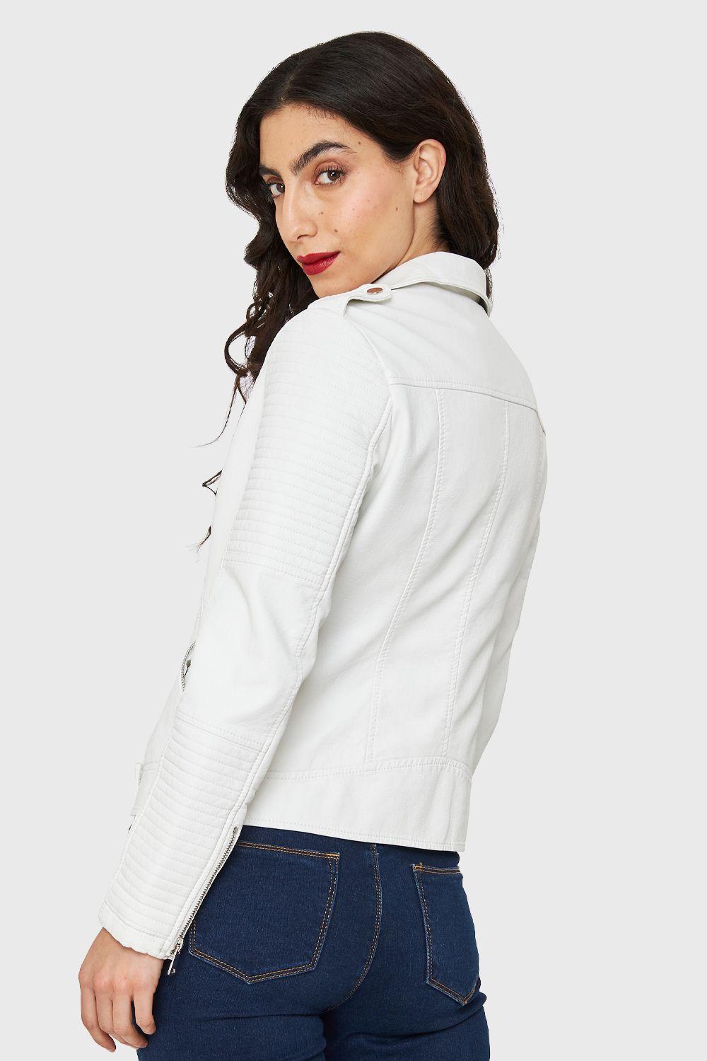 Chaqueta Tipo Biker Ecocuero Blanco Nicopoly-3