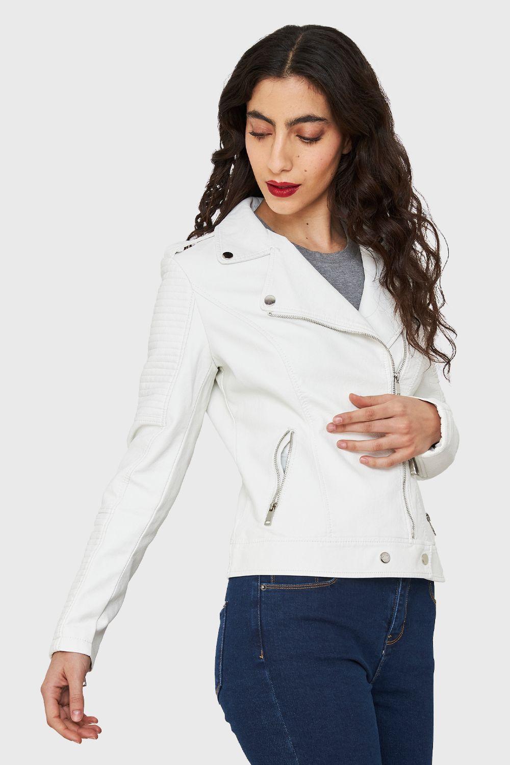 Chaqueta Tipo Biker Ecocuero Blanco Nicopoly-2