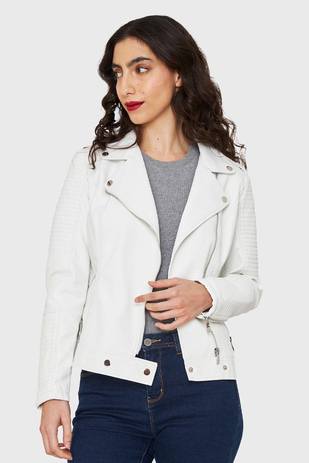 Chaqueta Tipo Biker Ecocuero Blanco Nicopoly-0