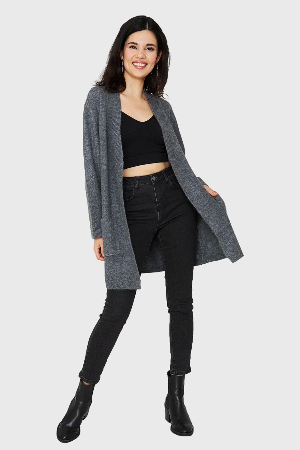 Cárdigan Jaspeado Bolsillos Gris Nicopoly-1