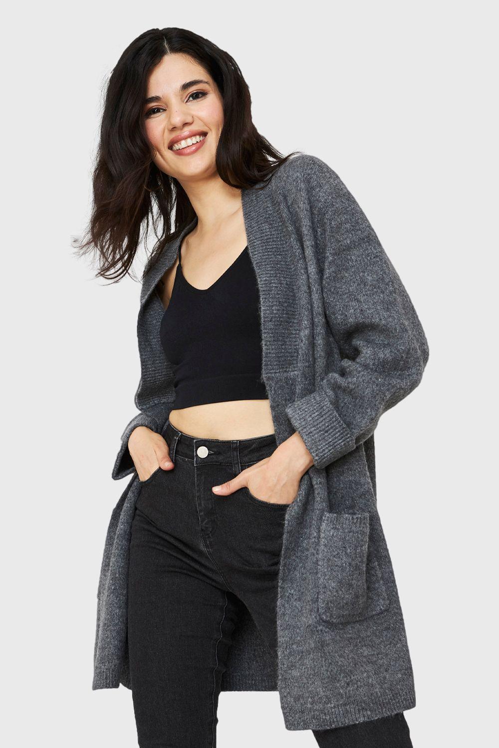 Cárdigan Jaspeado Bolsillos Gris Nicopoly-4