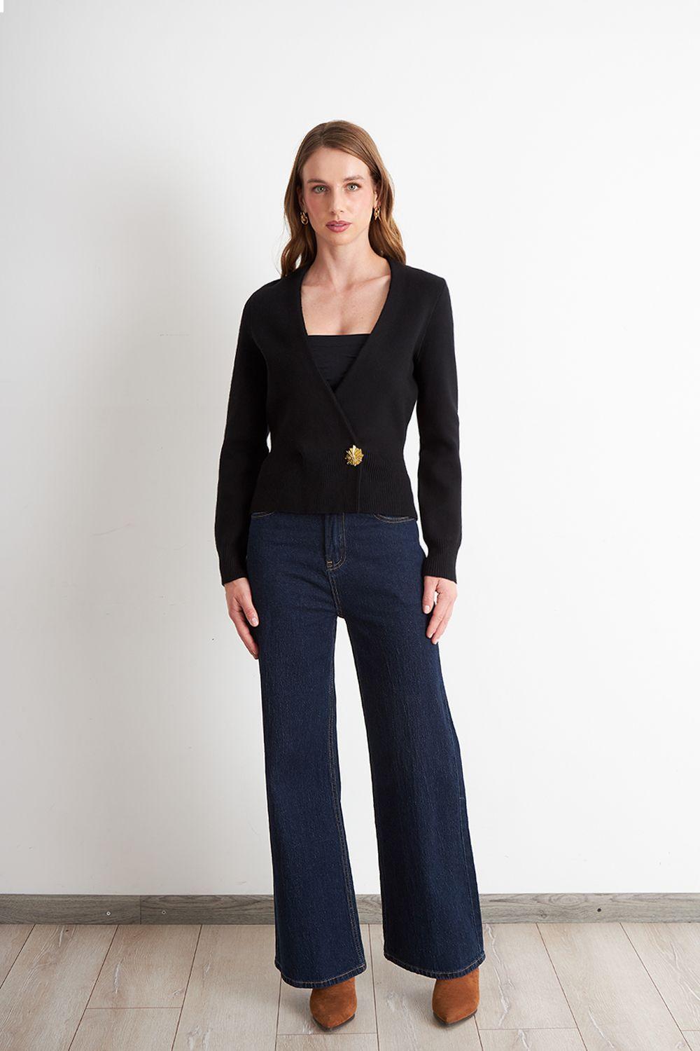 Cárdigan Cruzado con Botón Dorado Negro Nicopoly-1