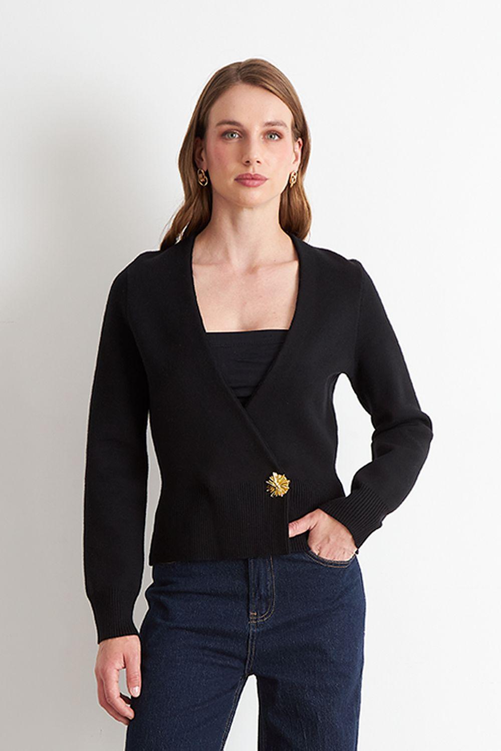 Cárdigan Cruzado con Botón Dorado Negro Nicopoly-4