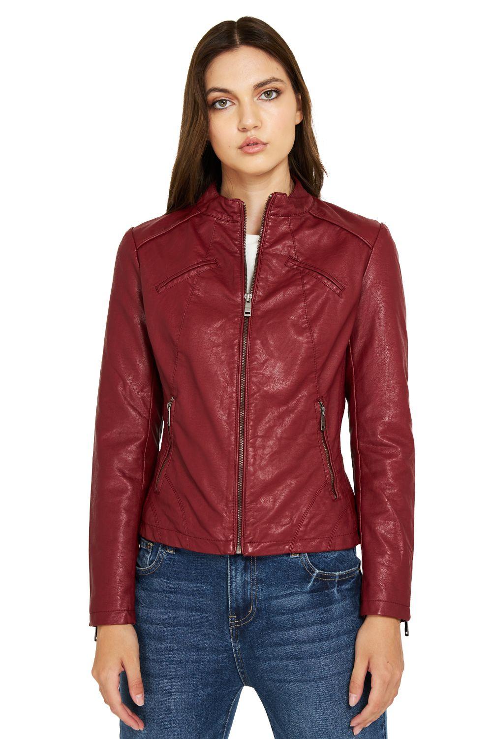 Chaqueta Ecocuero Cuello Mao Burdeo Nicopoly-1
