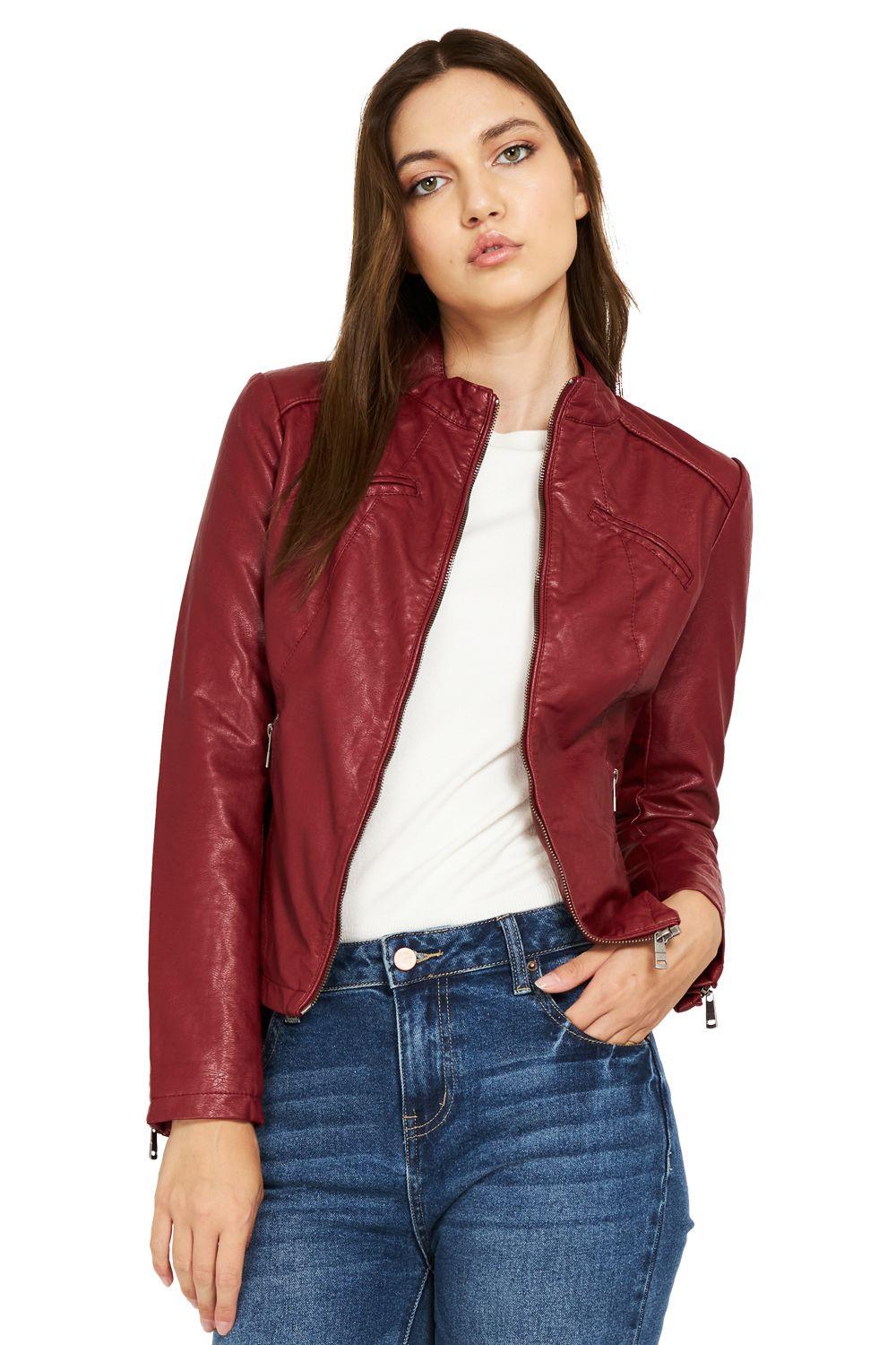 Chaqueta Ecocuero Cuello Mao Burdeo Nicopoly-0