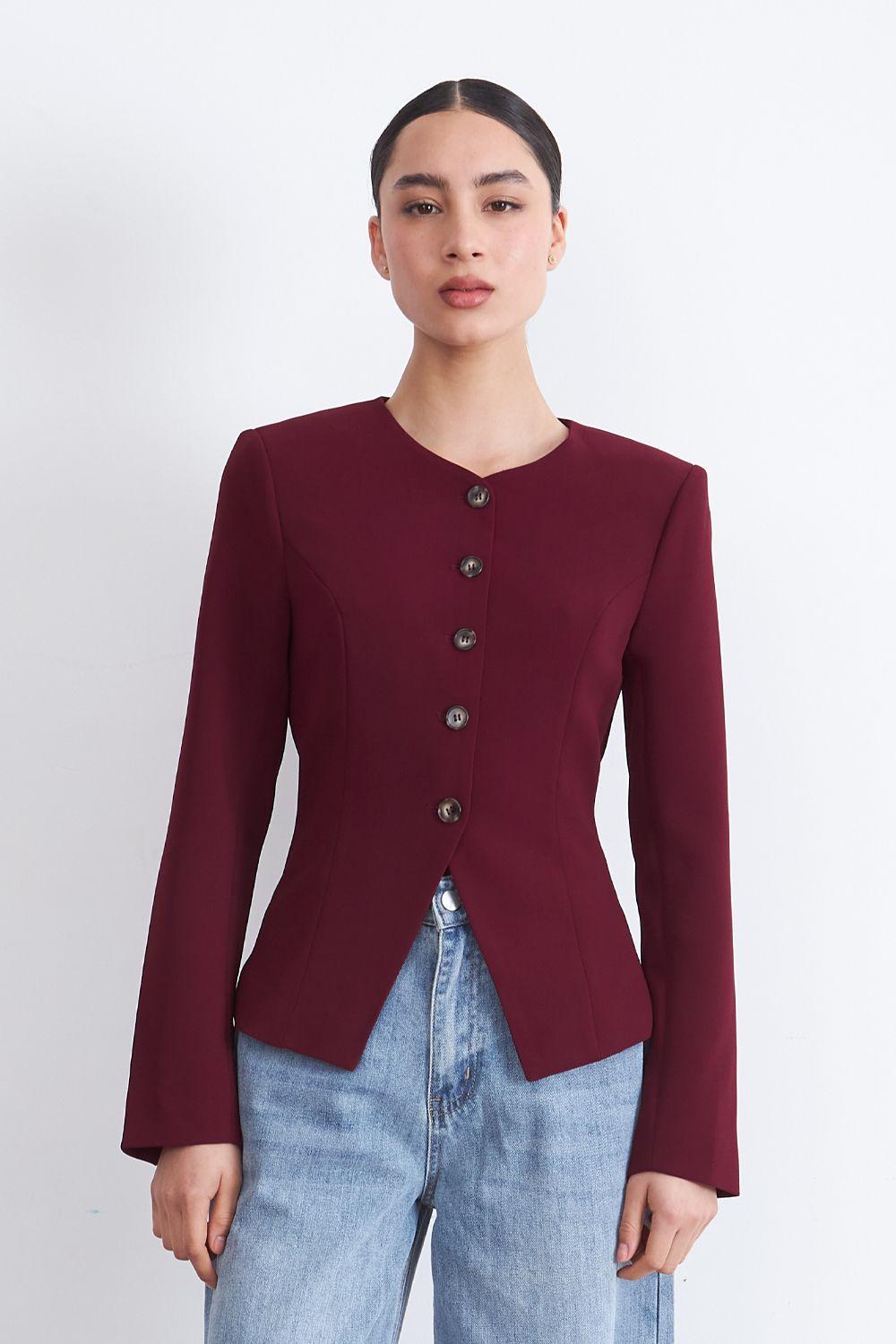 Blazer Peplum Botones Burdeo Nicopoly-4