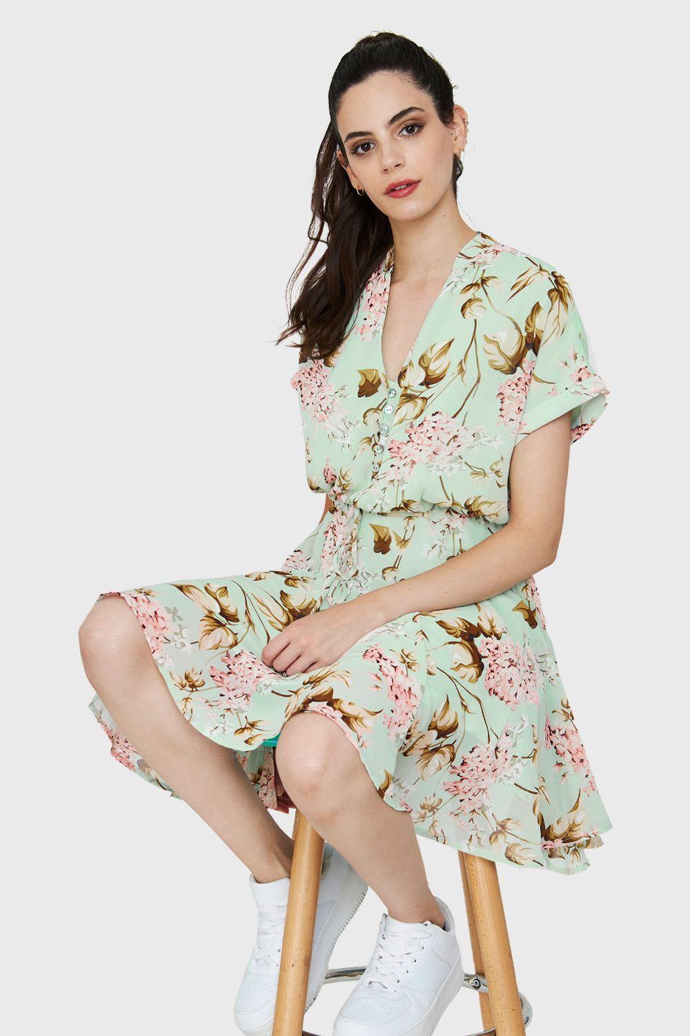 Vestido Corto Botones Verde Agua Nicopoly-4