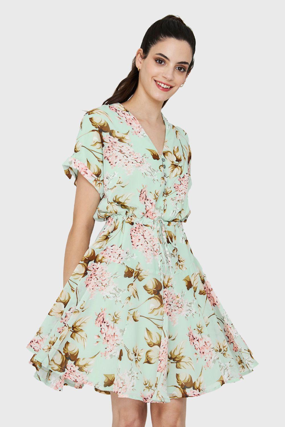 Vestido Corto Botones Verde Agua Nicopoly-0