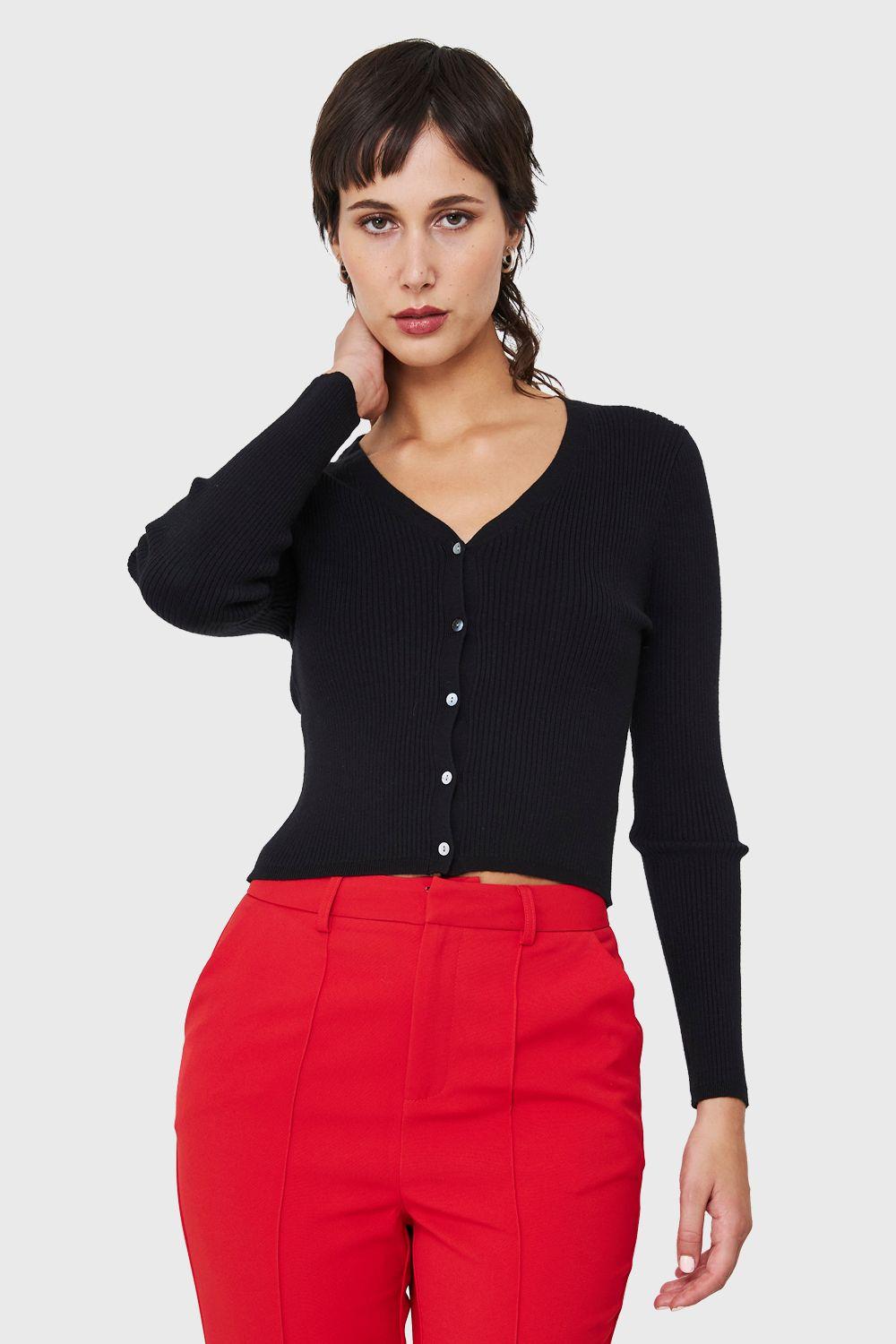 Cárdigan Botones Acanalado Negro Nicopoly-0