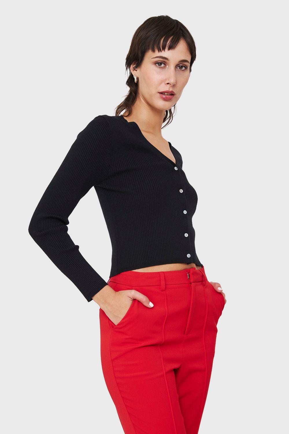 Cárdigan Botones Acanalado Negro Nicopoly-2