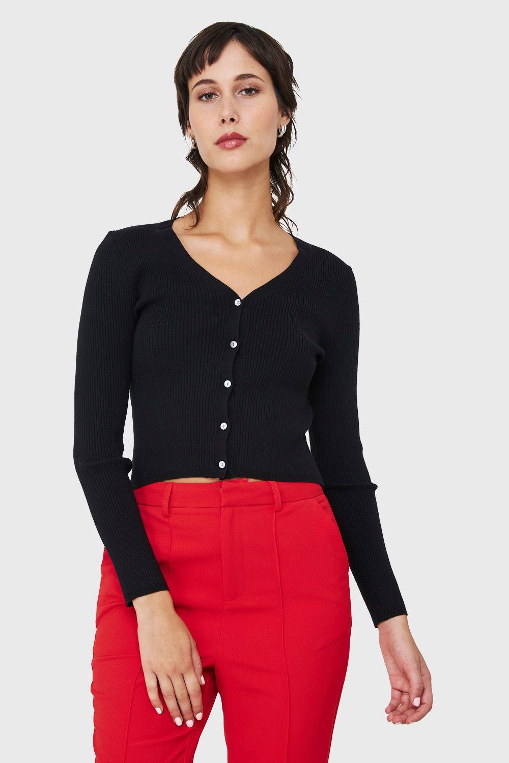 Cárdigan Botones Acanalado Negro Nicopoly-4