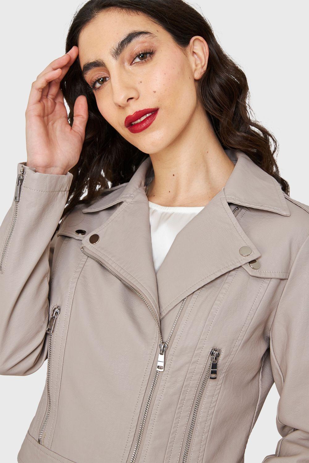 Chaqueta Biker Corta Ecocuero Khaki Nicopoly-5