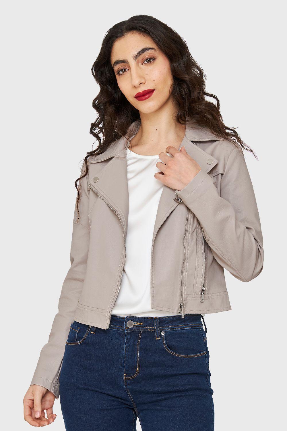 Chaqueta Biker Corta Ecocuero Khaki Nicopoly-0