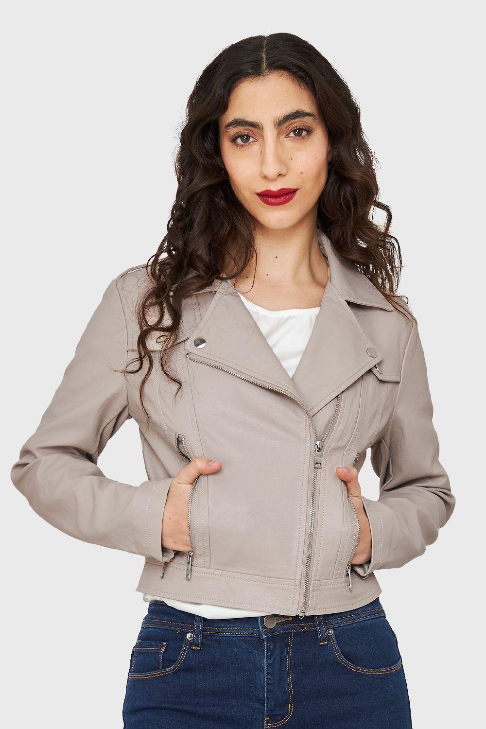 Chaqueta Biker Corta Ecocuero Khaki Nicopoly-4