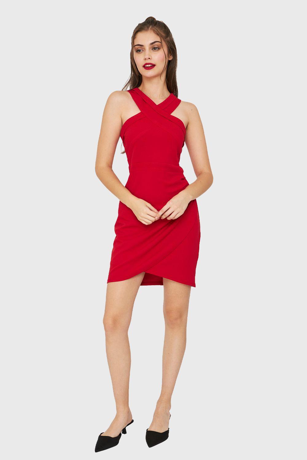 Vestido Tulipán Escote Cruzado Rojo Nicopoly-1