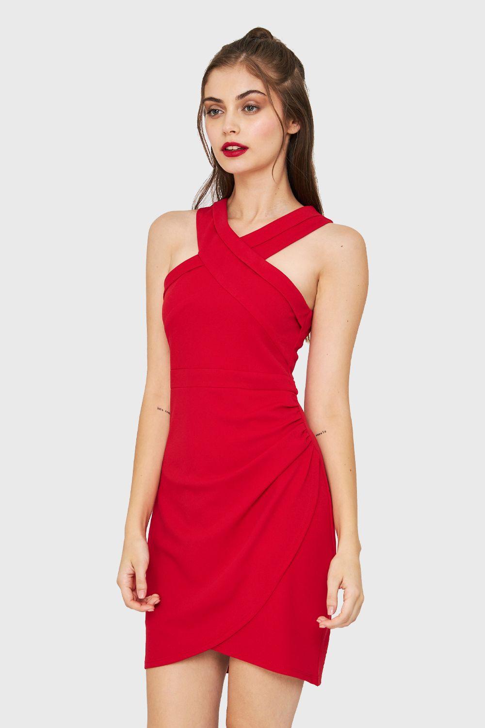 Vestido Tulipán Escote Cruzado Rojo Nicopoly-2