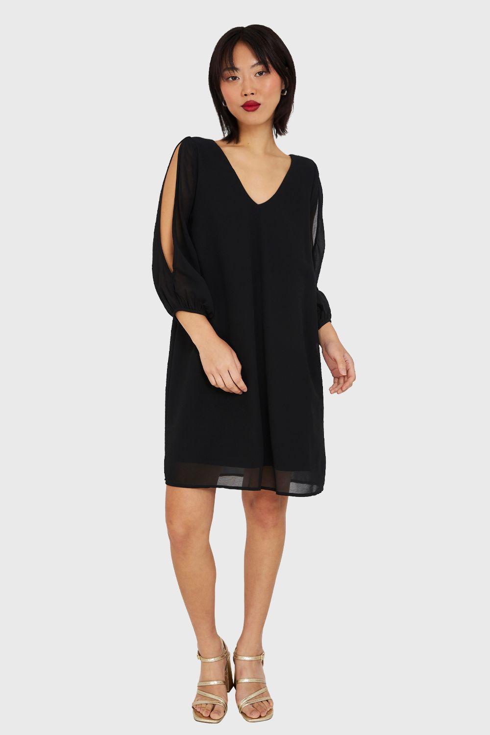 Vestido Corto Aberturas Mangas Negro Nicopoly-1