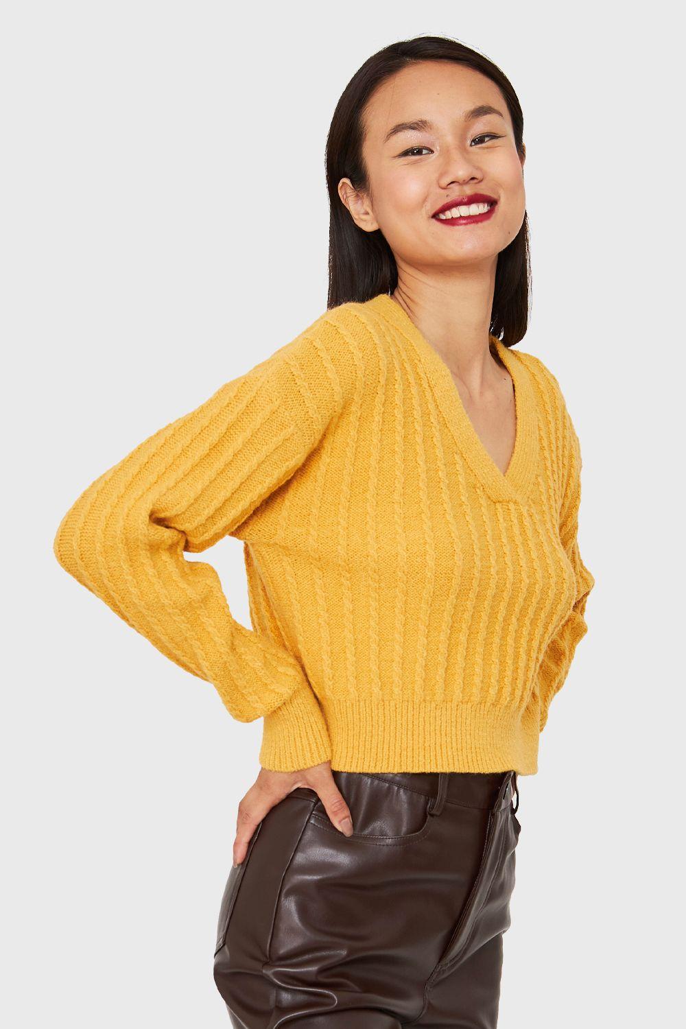 Sweater Crop Cuello V Amarillo Nicopoly-2