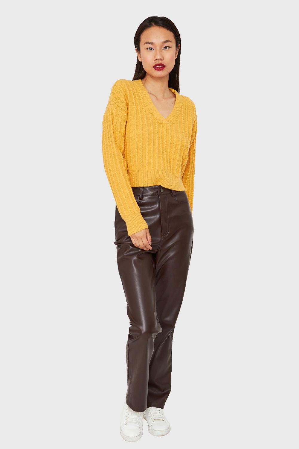 Sweater Crop Cuello V Amarillo Nicopoly-1