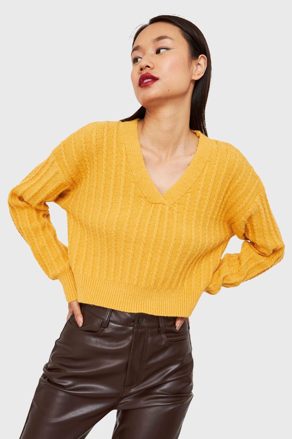 Sweater Crop Cuello V Amarillo Nicopoly-0