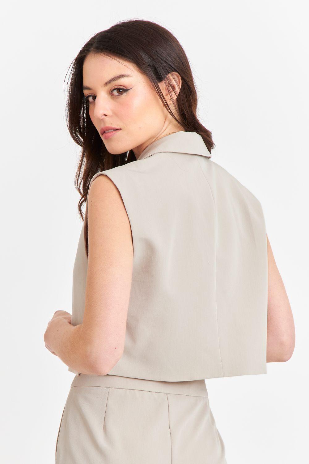Gilet Crop con Solapa Beige Oscuro Nicopoly-3