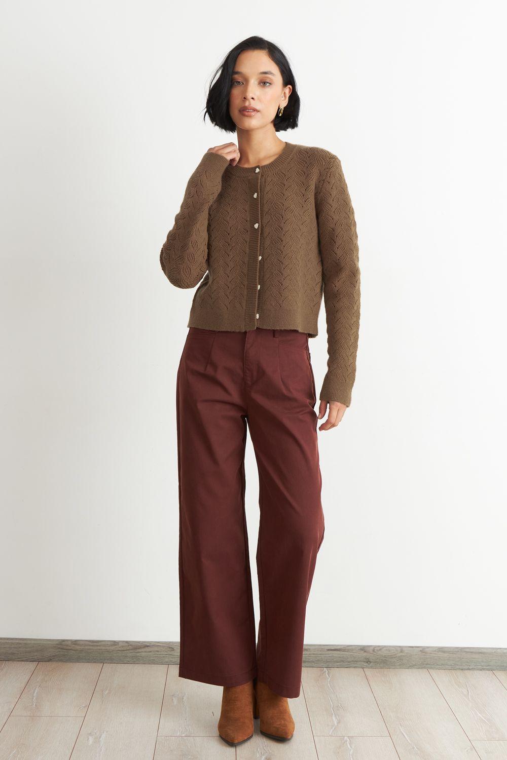 Cárdigan Calado Cuello Redondo Café Nicopoly-1