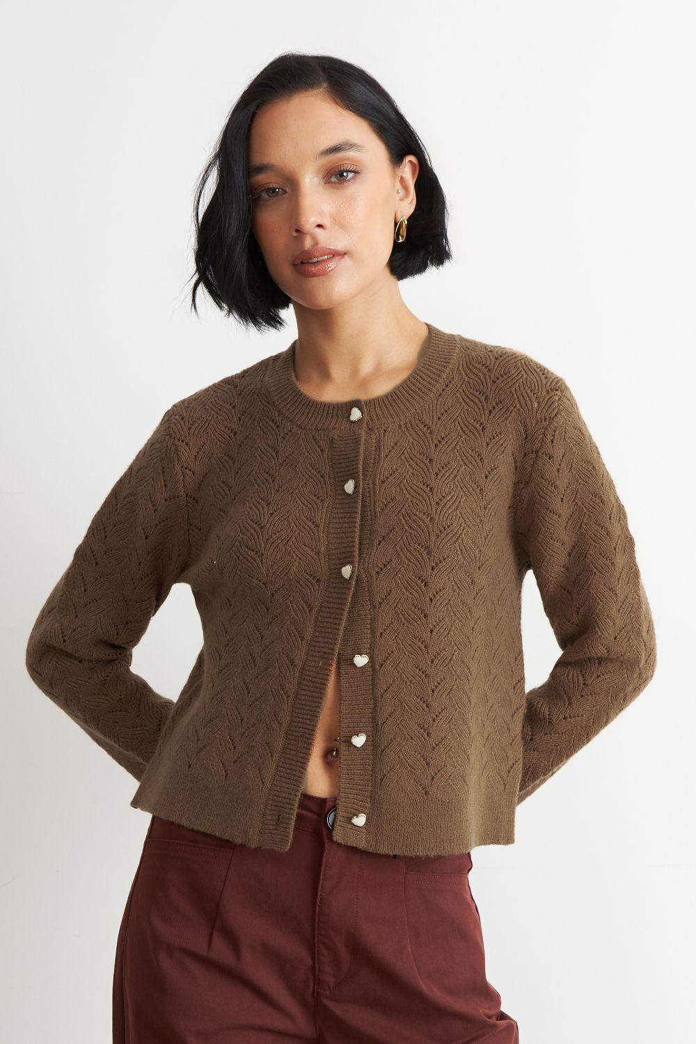 Cárdigan Calado Cuello Redondo Café Nicopoly-4